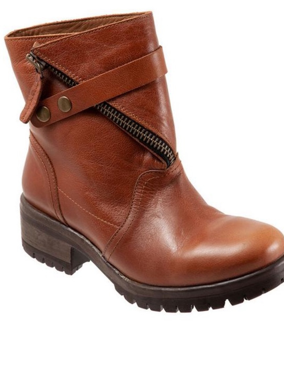 Bueno Tan Leather Ankle Boot with Diagonal Zipper and Strap